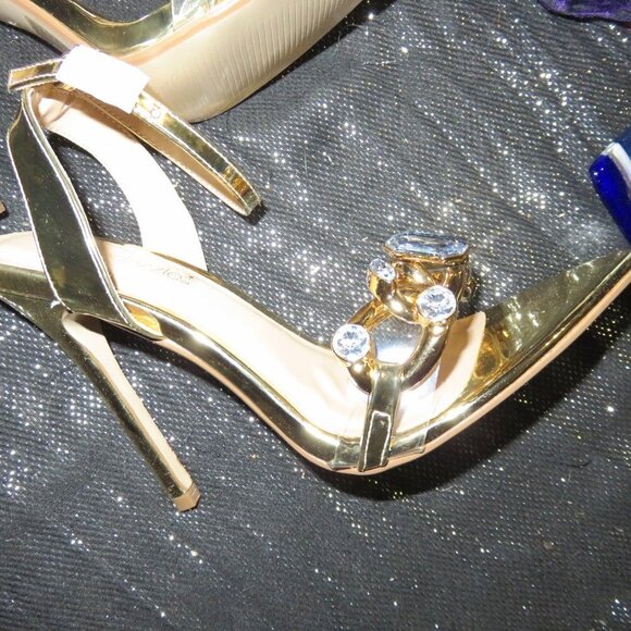 Shoe Dazzle Willow Gold Faux Leather Rhinestone Embellished Stiletto Sandals 7 - Picture 7 of 15